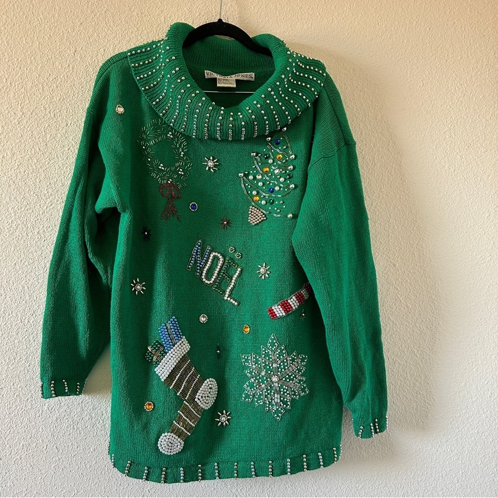 Victoria Jones Pearl Rhinestone Beaded Holiday Christmas Sweater Women’s Large